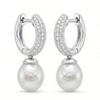 18K White Gold Sparkling Pavé White Pearl Drop Earrings, Bridal Wedding Dangle Earrings for Women
