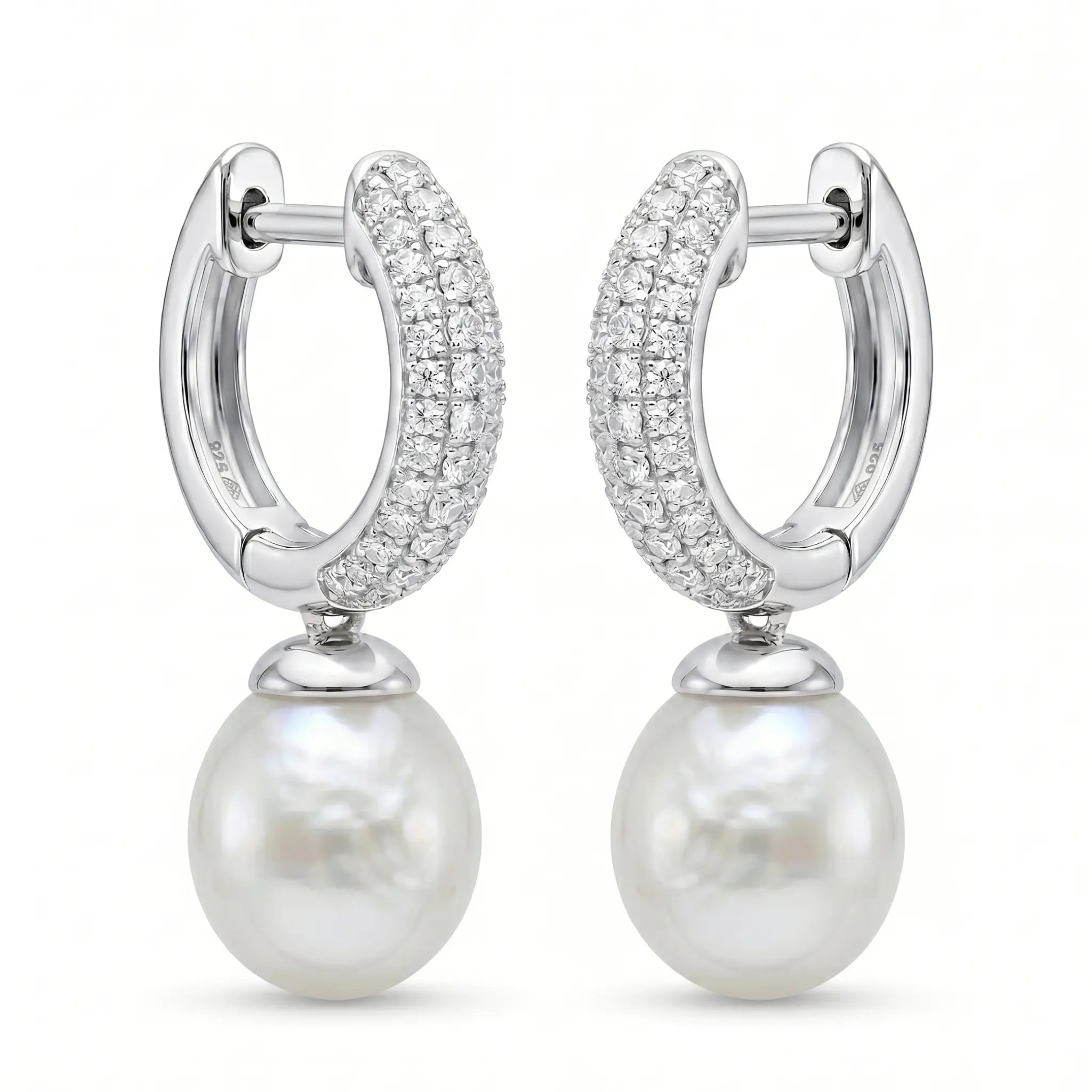 18K White Gold Sparkling Pavé White Pearl Drop Earrings, Bridal Wedding Dangle Earrings for Women