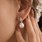 18K gold baroque pearl drop earrings featuring natural freshwater pearls with sparkling pavé accents, perfect for bridal and wedding looks.