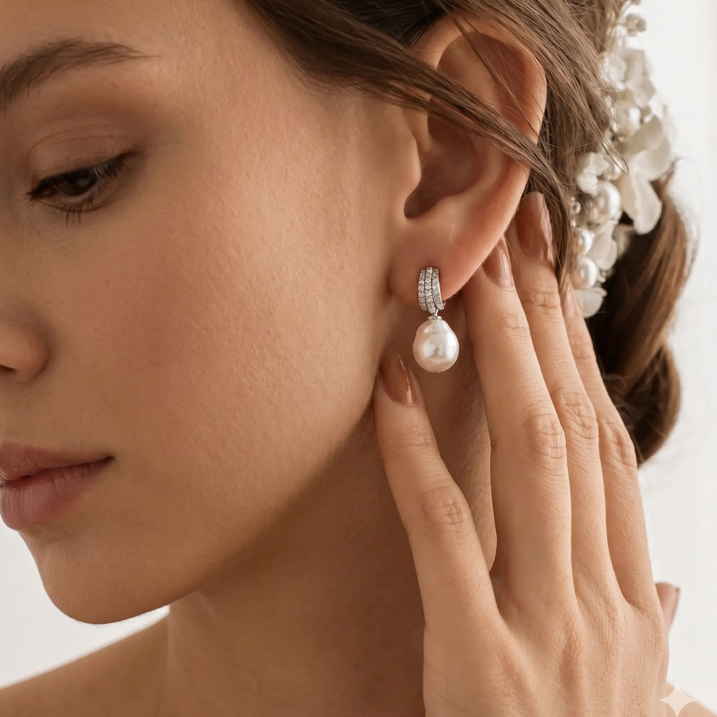 18K White Gold Sparkling Pavé White Pearl Drop Earrings, Bridal Wedding Dangle Earrings for Women