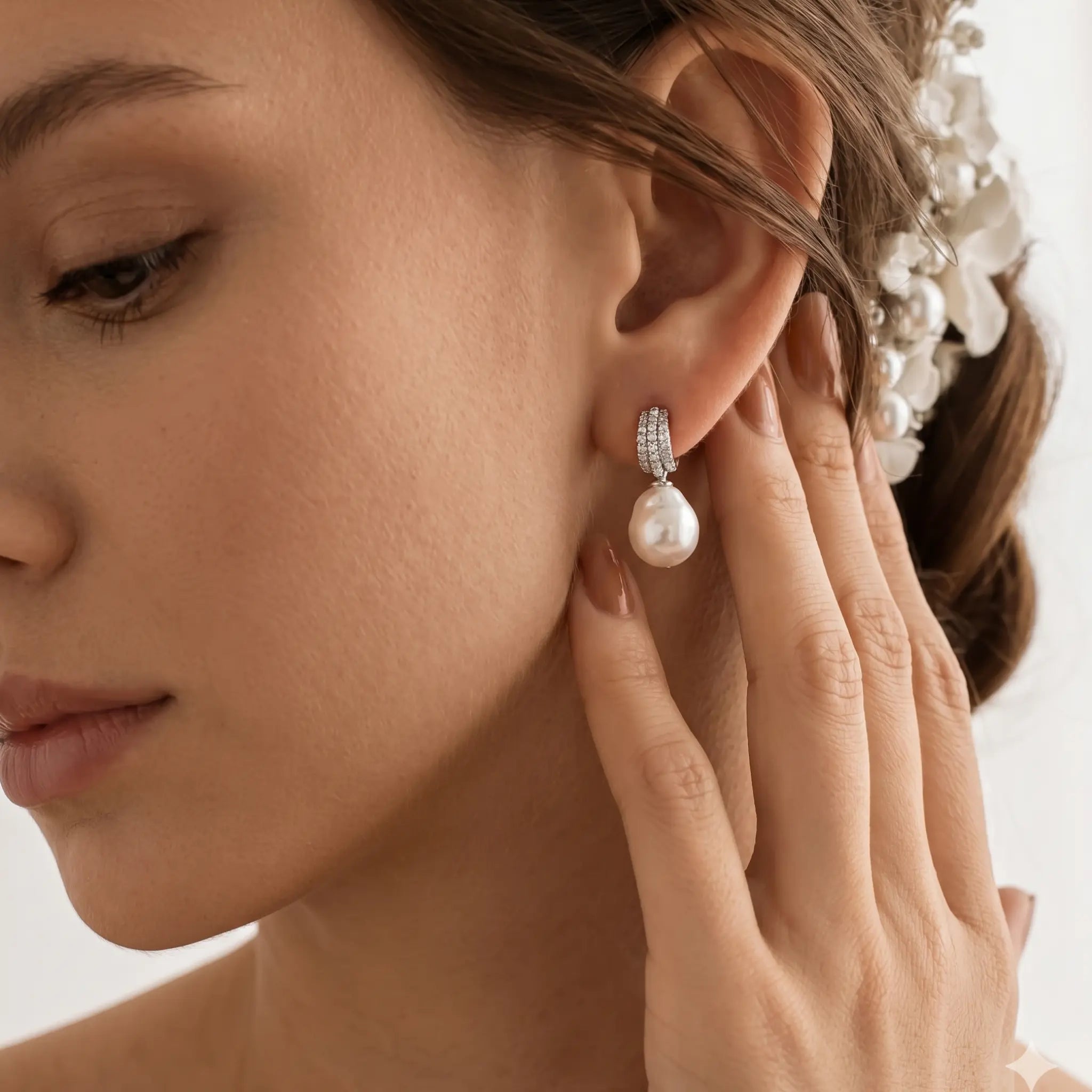 18K White Gold Sparkling Pavé White Pearl Drop Earrings, Bridal Wedding Dangle Earrings for Women