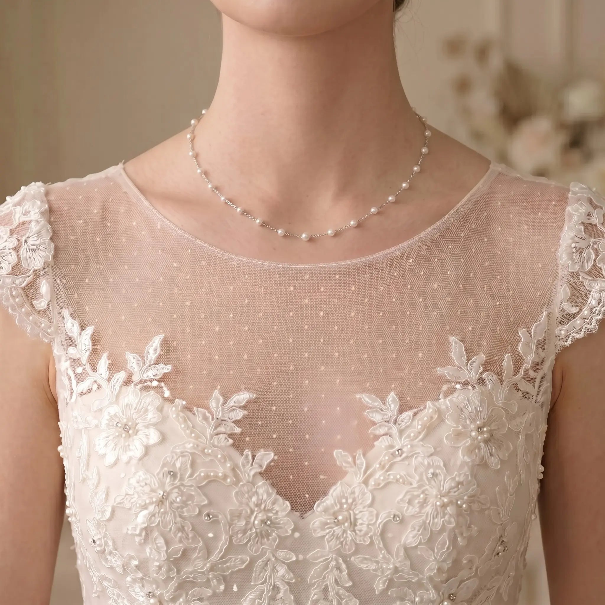 18K White Gold Mini Pearl Station Necklace for Women 3-3.5mm Pearl Choker for Brides