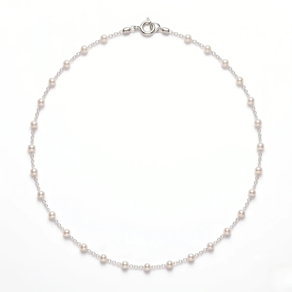 18K White Gold Mini Pearl Station Necklace for Women 3-3.5mm Pearl Choker for Brides