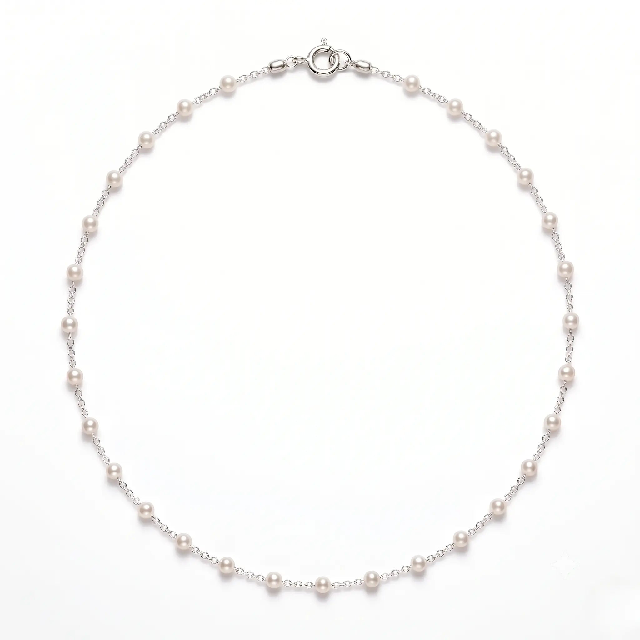 18K White Gold Mini Pearl Station Necklace for Women 3-3.5mm Pearl Choker for Brides