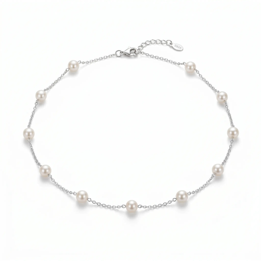 18K White Gold Plated Sterling Silver Pearl Station Necklace