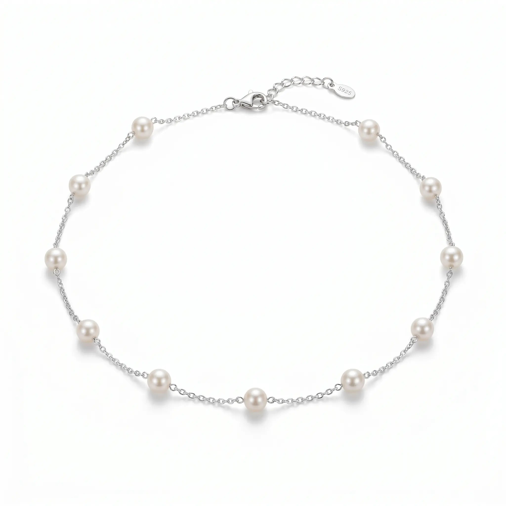 18K White Gold Plated Sterling Silver Pearl Station Necklace