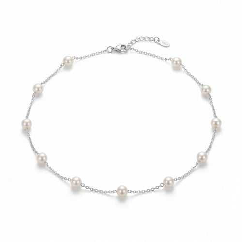 18K White Gold Plated Sterling Silver Pearl Station Necklace