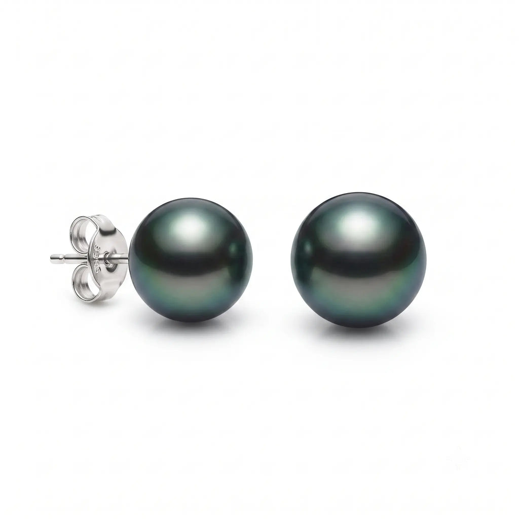 18K White Gold Tahitian Black Pearl Stud Earrings