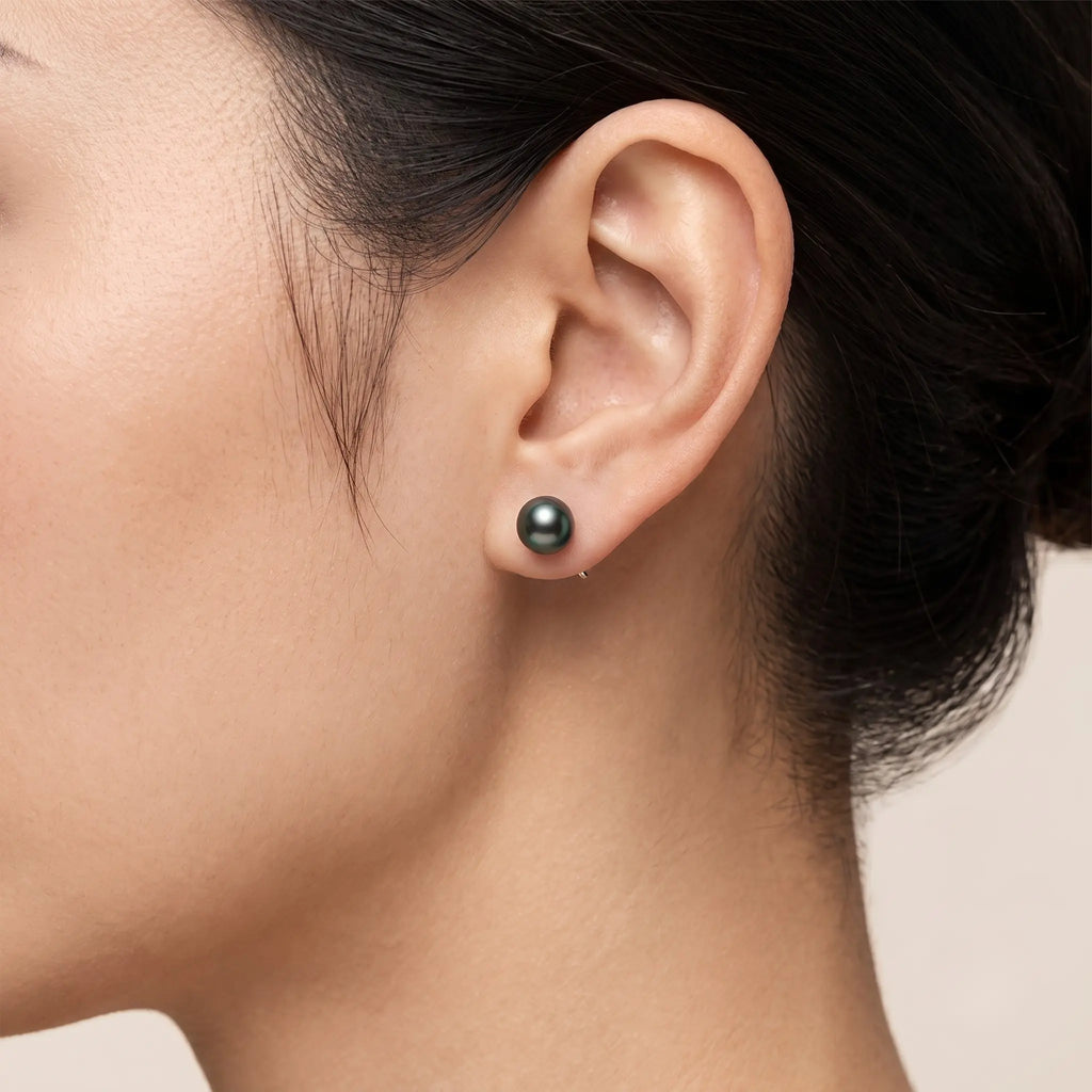 18K White Gold Tahitian Black Pearl Stud Earrings