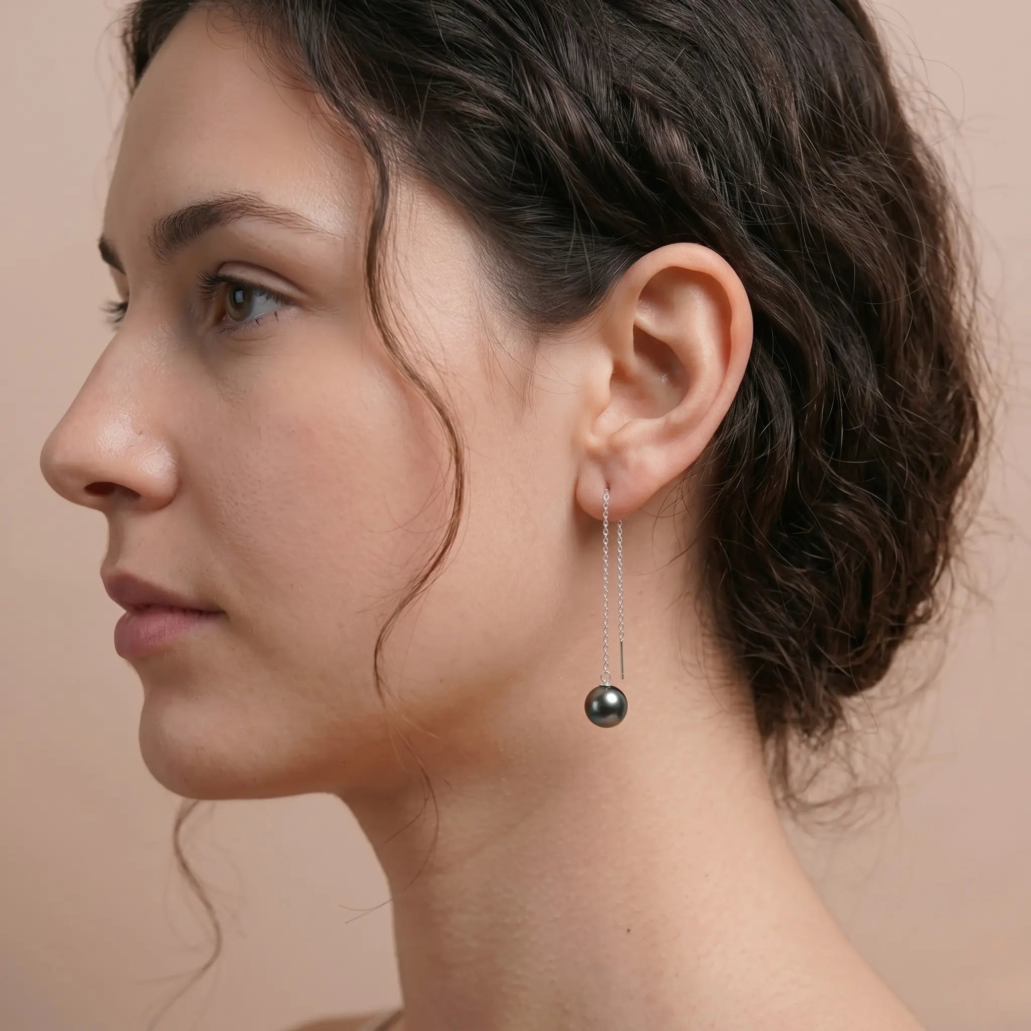 18K White Gold Tahitian Black Pearl Long Threader Earrings