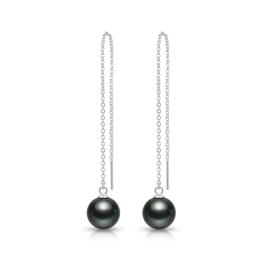 18K White Gold Tahitian Black Pearl Long Threader Earrings