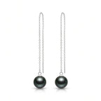 18K White Gold Tahitian Black Pearl Long Threader Earrings