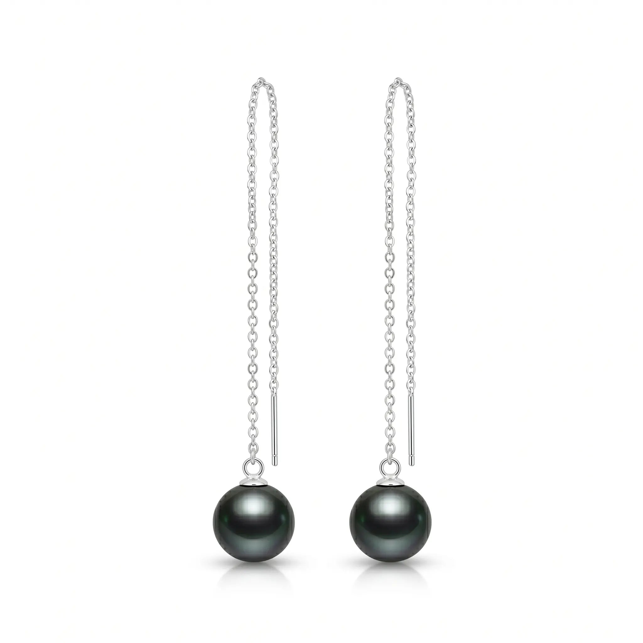 18K White Gold Tahitian Black Pearl Long Threader Earrings