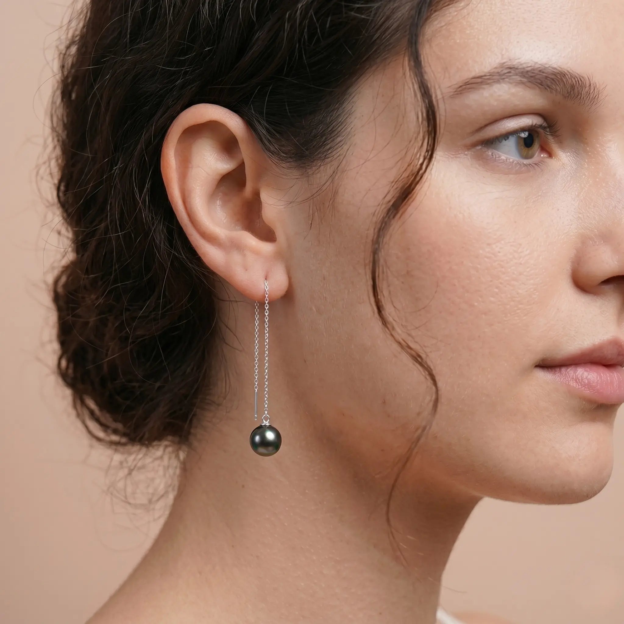 18K White Gold Tahitian Black Pearl Long Threader Earrings