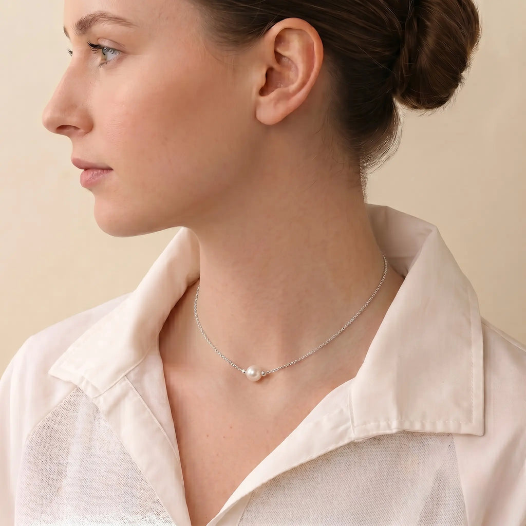 Minimalist Single Pearl Choker Necklace in Sterling Silver Floating Pearl Pendant