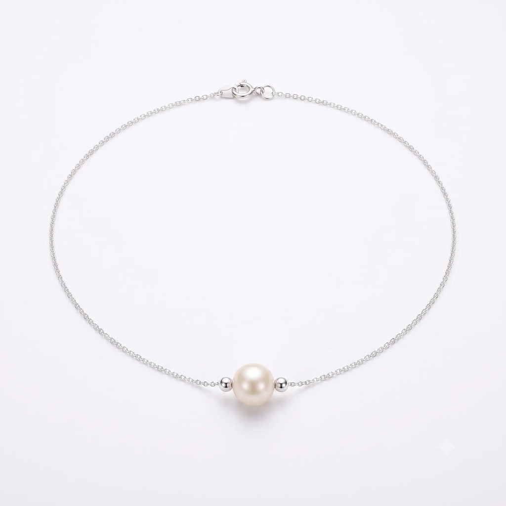 Minimalist Single Pearl Choker Necklace in Sterling Silver Floating Pearl Pendant