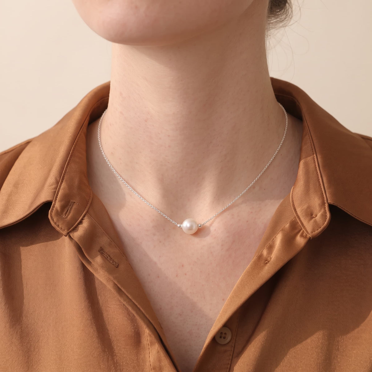 925 Sterling Silver 7–7.5mm Japanese Akoya Pearl Floating Choker Necklace