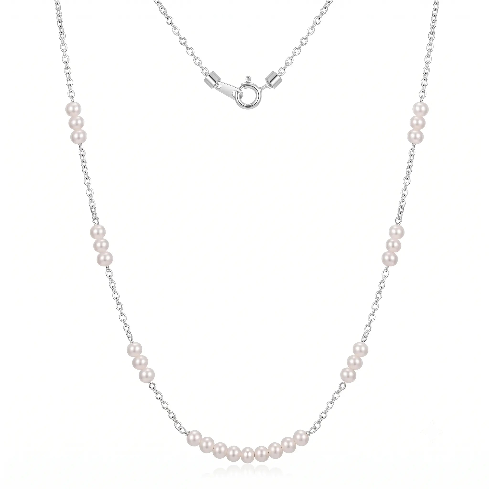 18K White Gold 3-3.5mm Tiny Baby Pearl Station Choker Necklace
