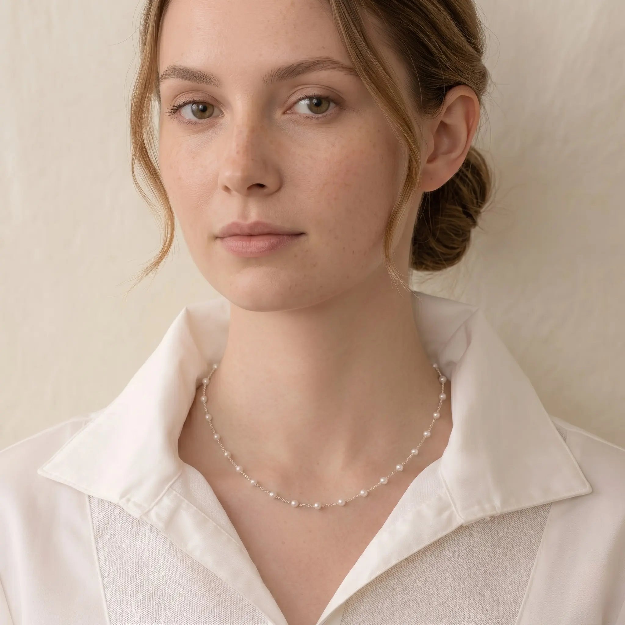 3-3.5mm Freshwater Pearl Close-Set Station Choker, 925 Sterling Silver Dainty Necklace