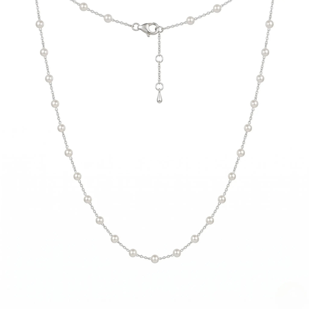 3-3.5mm Freshwater Pearl Close-Set Station Choker, 925 Sterling Silver Dainty Necklace