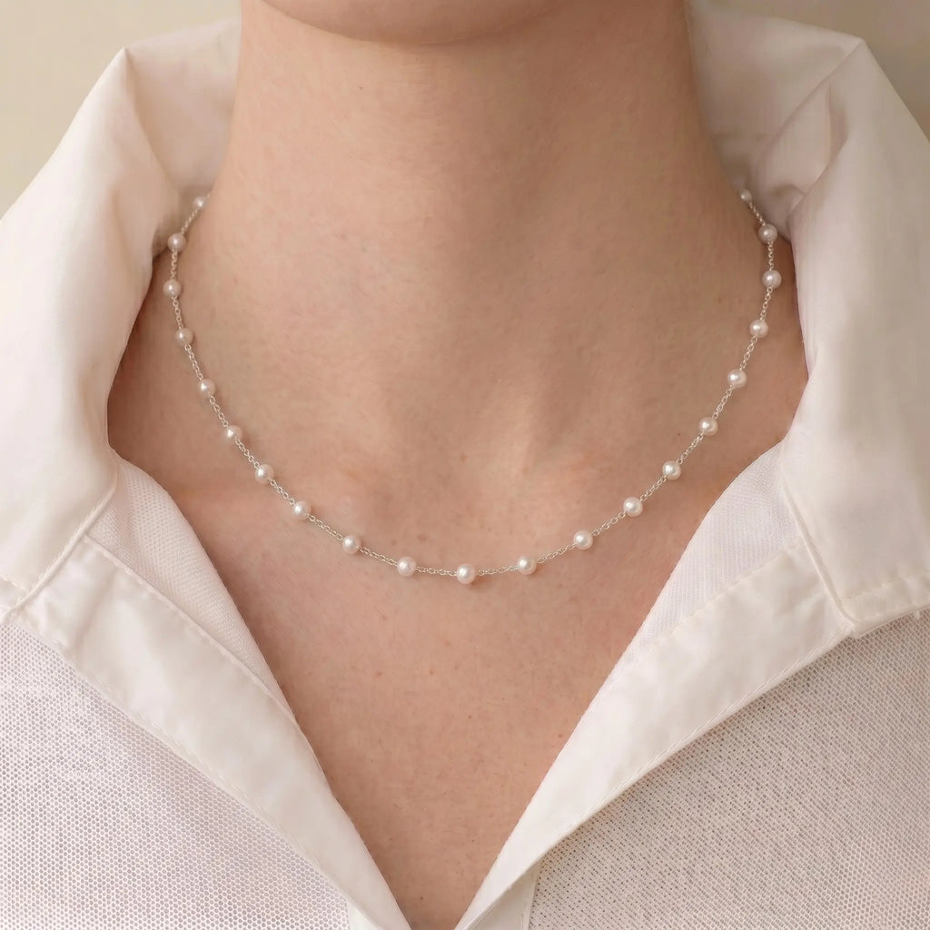 3-3.5mm Freshwater Pearl Close-Set Station Choker, 925 Sterling Silver Dainty Necklace