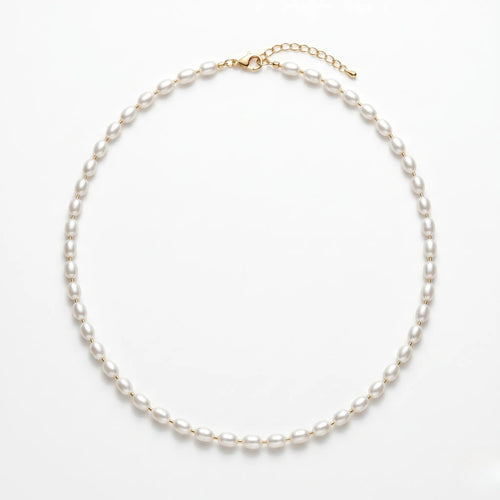 18K Solid Gold 4-5mm Oval Freshwater Pearl Choker Necklace - Minimalist White Pearl Bead Chain for Women