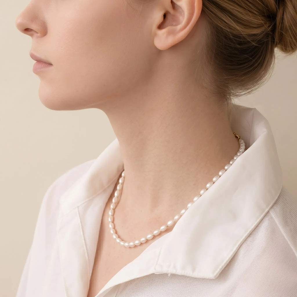 4-5mm Oval Freshwater Pearl Choker Necklace - Minimalist White Pearl Bead Chain for Women