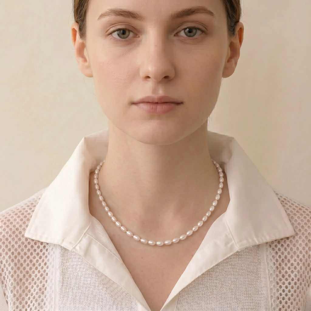 4-5mm Oval Freshwater Pearl Choker Necklace - Minimalist White Pearl Bead Chain for Women