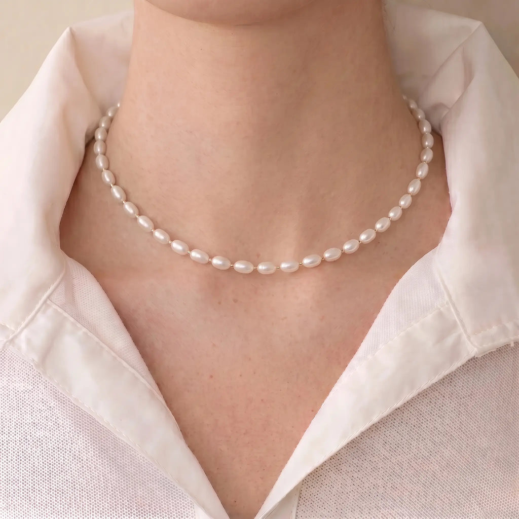 18K Gold Vermeil 4-5mm Oval Pearl Strand Choker Necklace