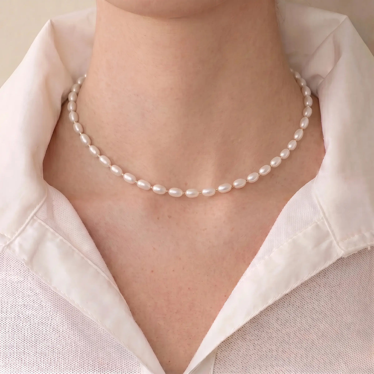 18K Gold Vermeil 4-5mm Oval Pearl Strand Choker Necklace