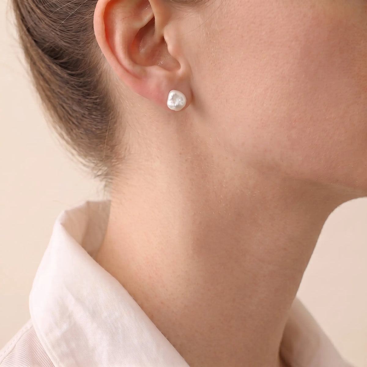 4-5mm Organic Baroque Keshi Pearl Stud Earrings in Solid 18K White Gold