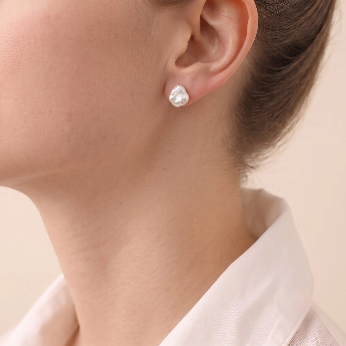 4-5mm Organic Baroque Keshi Pearl Stud Earrings in Solid 18K White Gold