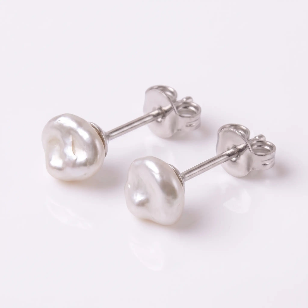 18K Solid White Gold 4–5mm Organic Baroque Keshi Pearl Stud Earrings