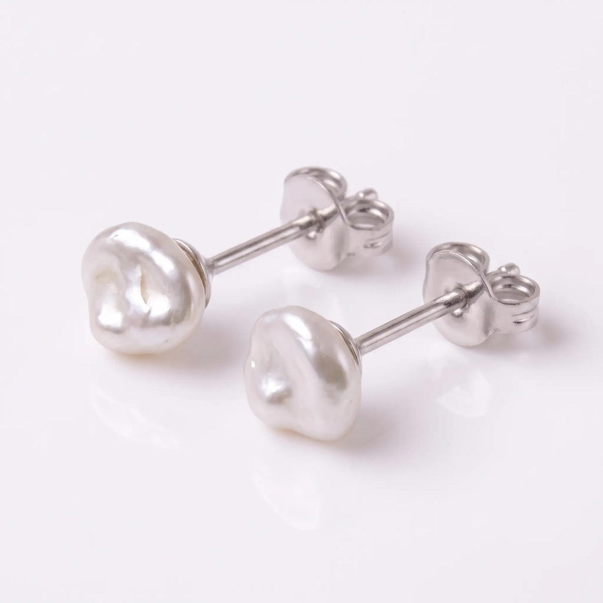 4-5mm Organic Baroque Keshi Pearl Stud Earrings in Solid 18K White Gold