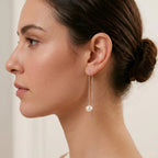 Japanese Akoya Pearl Long Threader Earrings in 18K White Gold Plated Silver