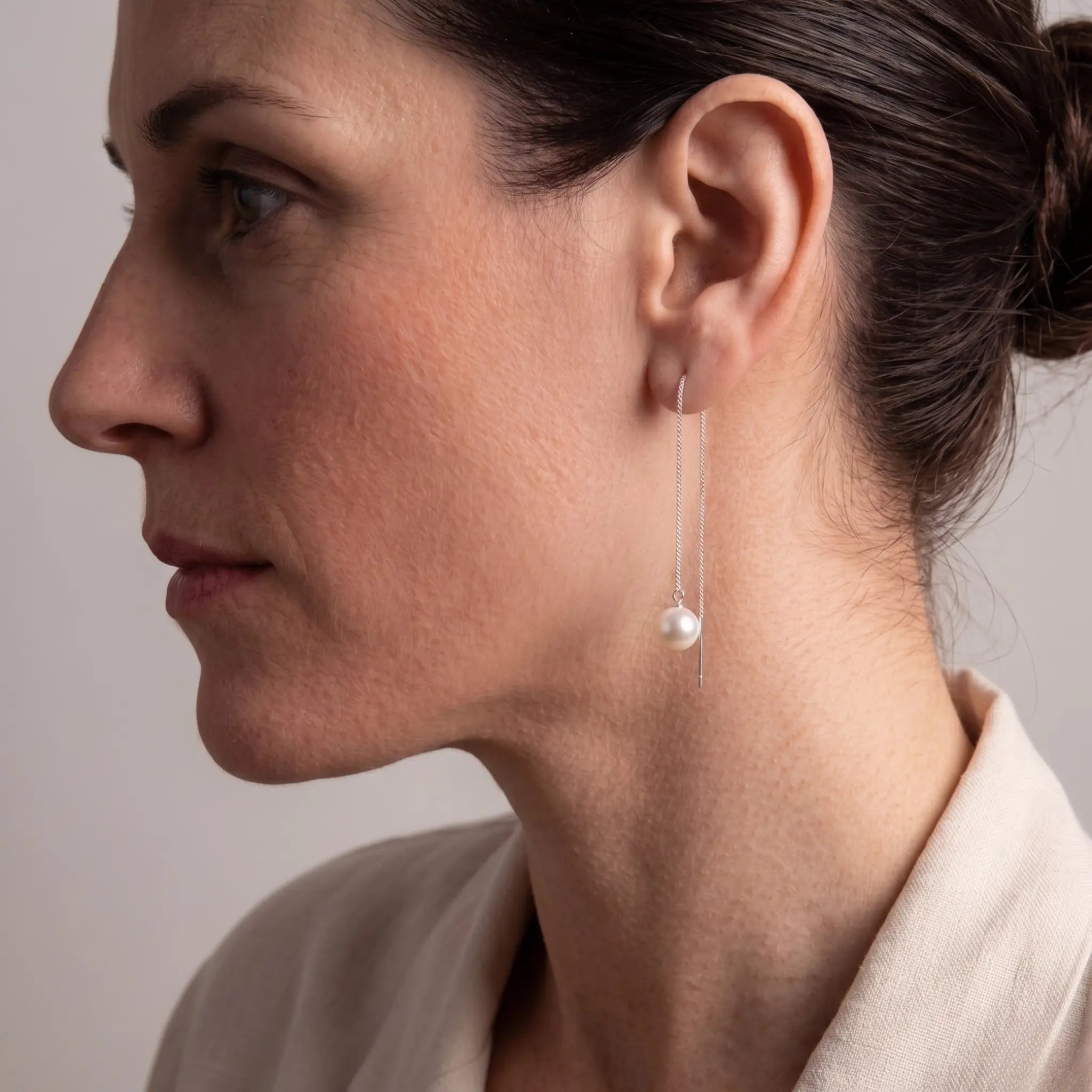 Japanese Akoya Pearl Long Threader Earrings in 18K White Gold Plated Silver