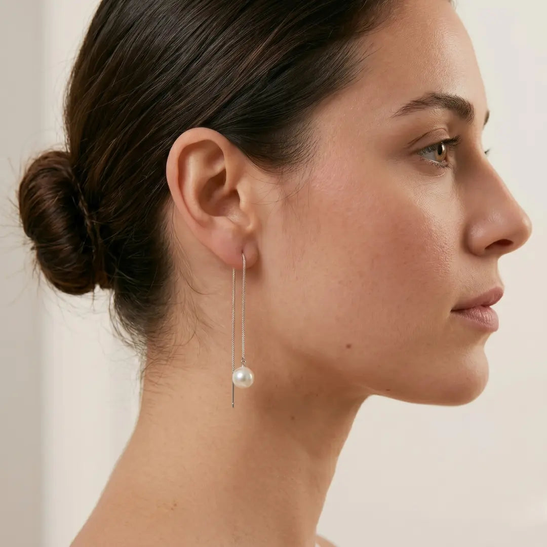 Japanese Akoya Pearl Long Threader Earrings in 18K White Gold Plated Silver
