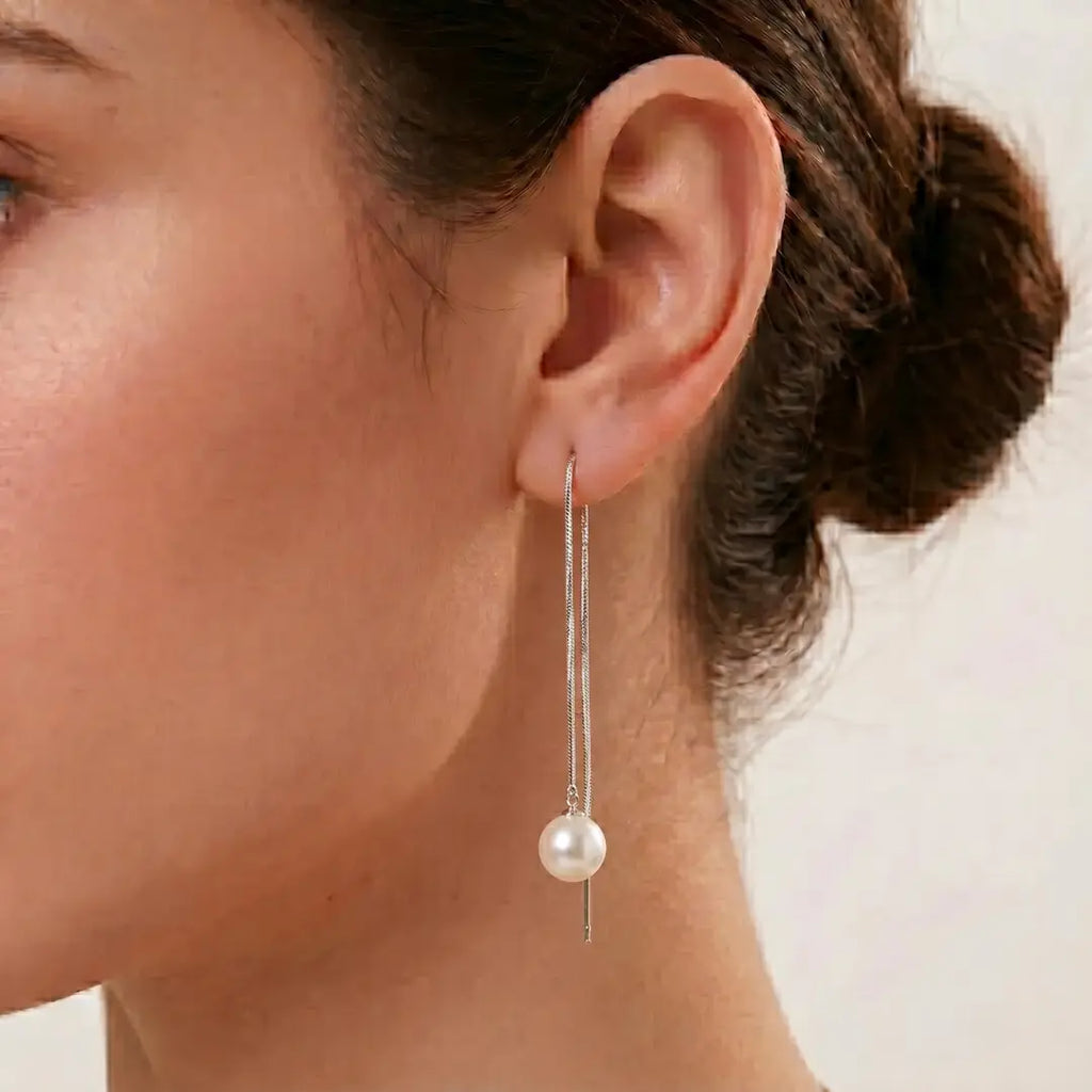 Japanese Akoya Pearl Long Threader Earrings in 18K White Gold Plated Silver