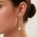 Japanese Akoya Pearl Long Threader Earrings in 18K White Gold Plated Silver