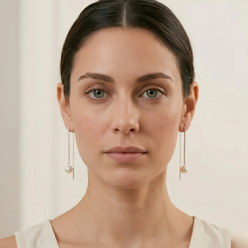 Japanese Akoya Pearl Long Threader Earrings in 18K White Gold Plated Silver