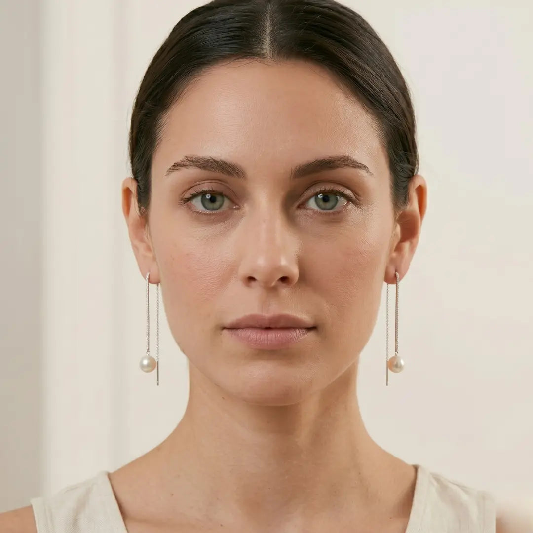 Japanese Akoya Pearl Long Threader Earrings in 18K White Gold Plated Silver