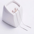 Japanese Akoya Pearl Long Threader Earrings in 18K White Gold Plated Silver