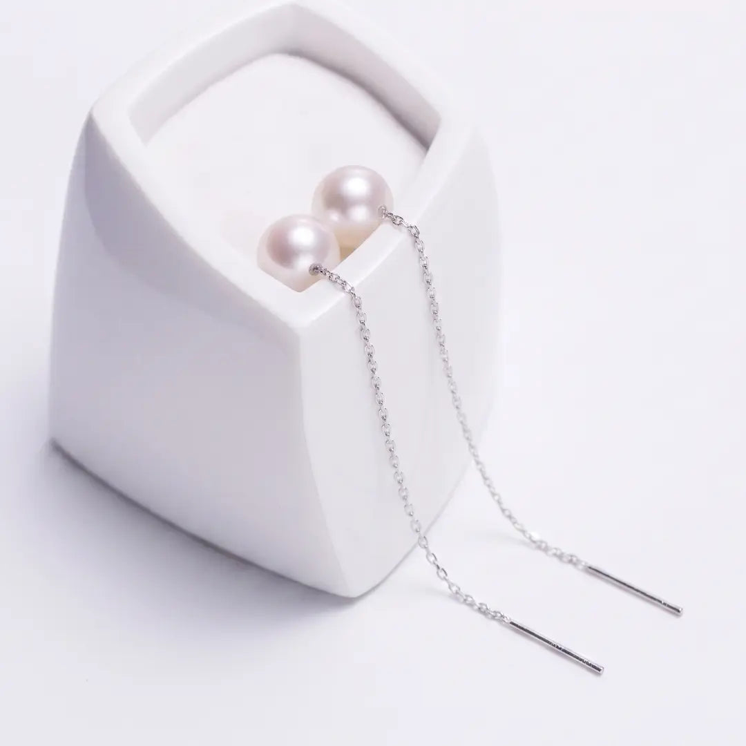 Japanese Akoya Pearl Long Threader Earrings in 18K White Gold Plated Silver