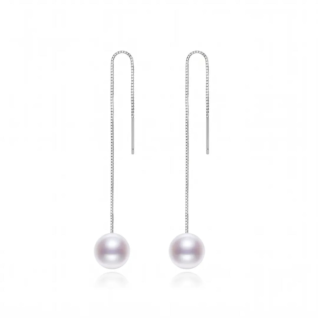 Japanese Akoya Pearl Long Threader Earrings in 18K White Gold Plated Silver