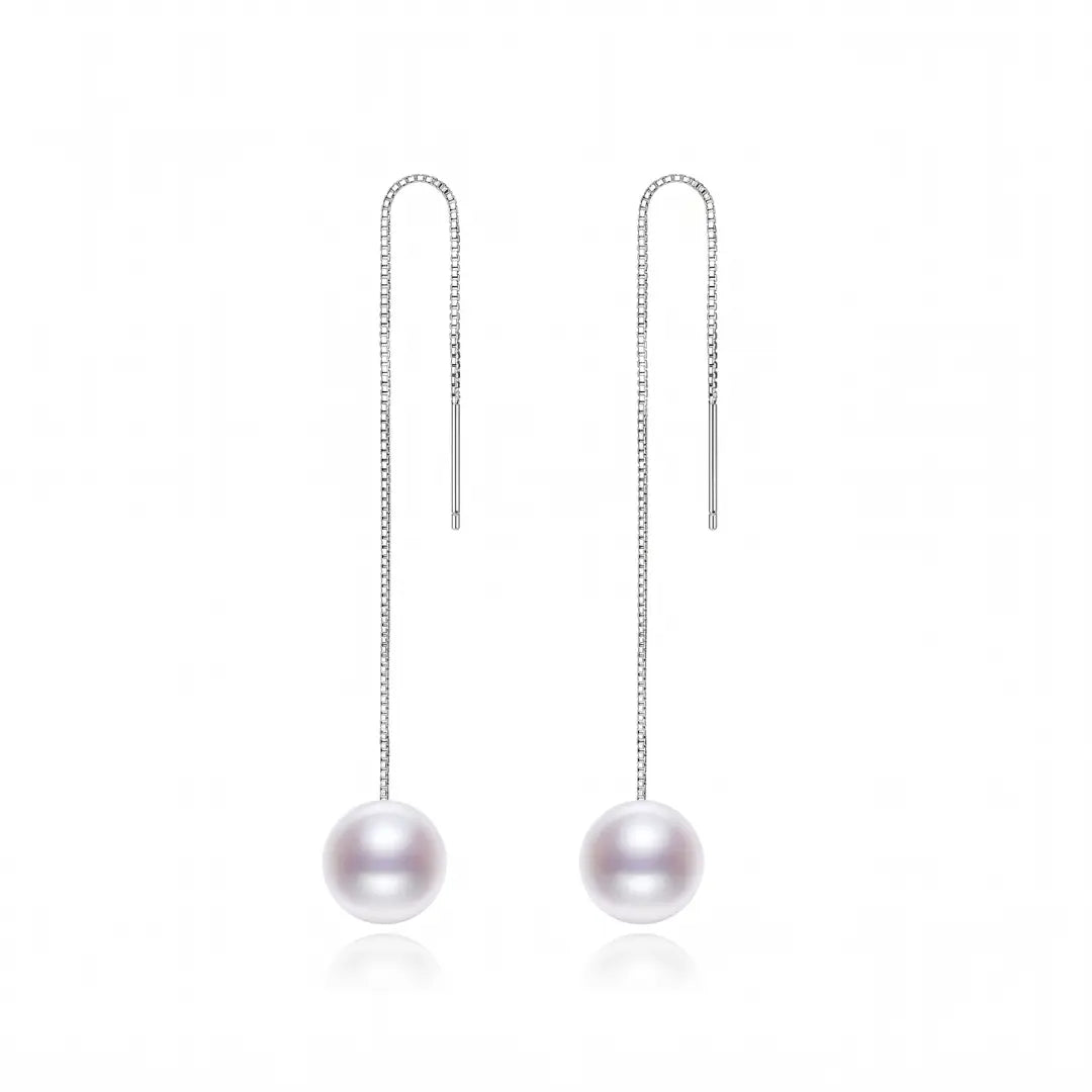 Japanese Akoya Pearl Long Threader Earrings in 18K White Gold Plated Silver