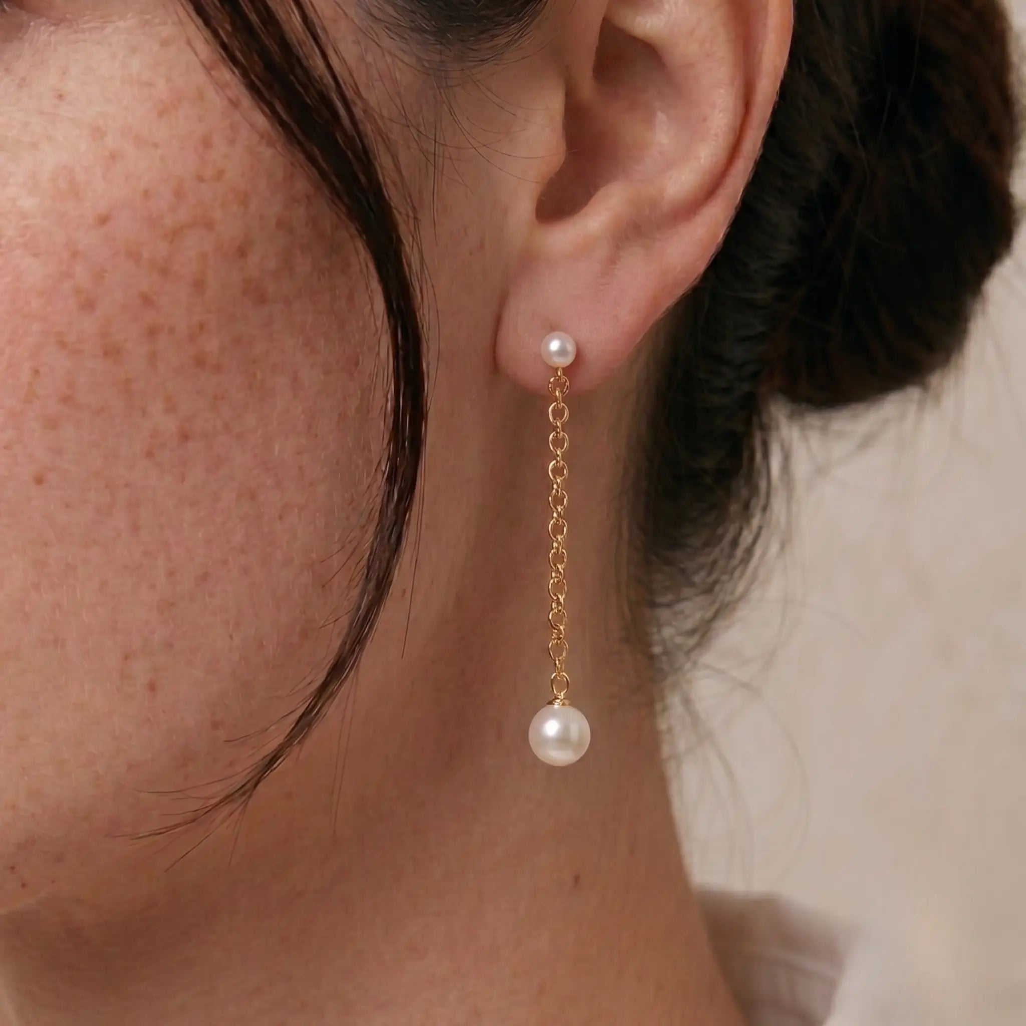 18K Solid Gold Japanese Akoya Pearl Threader Earrings for Women