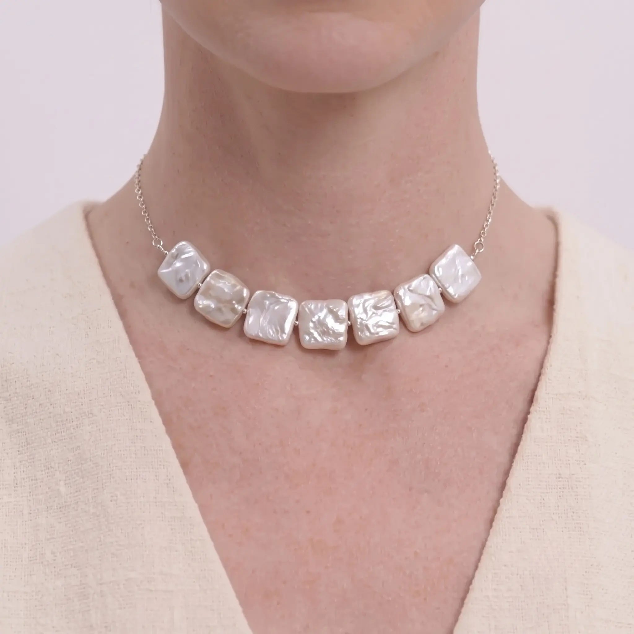 Wide Baroque Pearl Choker in 925 Sterling Silver - Neck Coverage Necklace for Scars & Lines