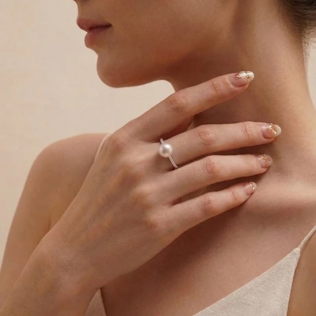 9-9.5mm Large White Pearl Ring, Adjustable S925 Sterling Silver Ring