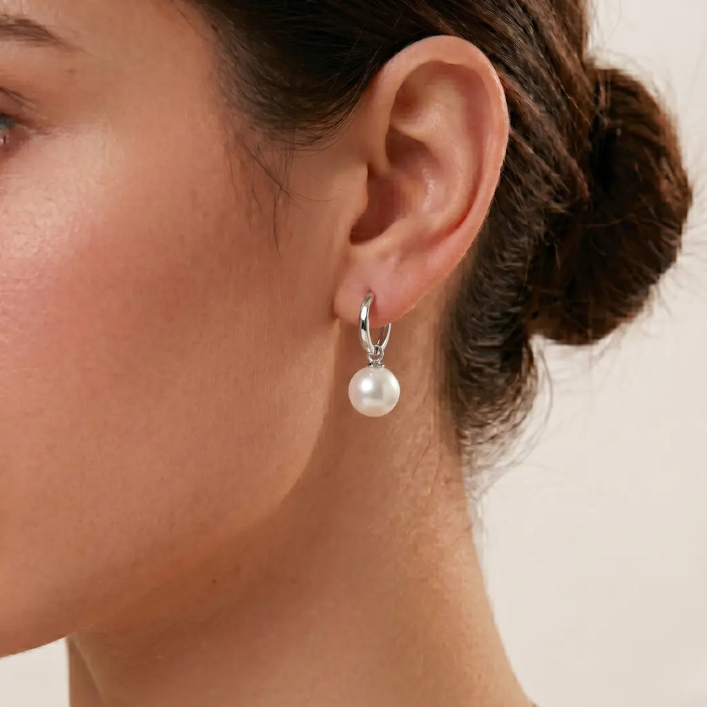 925 Sterling Silver Rhodium Plated Akoya Pearl Hoop Earrings (Hypoallergenic)