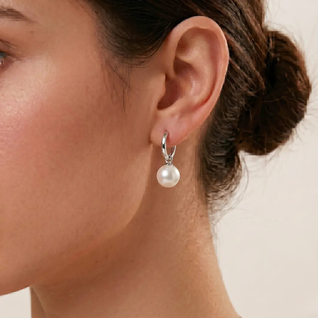 925 Sterling Silver Rhodium Plated Akoya Pearl Hoop Earrings (Hypoallergenic)